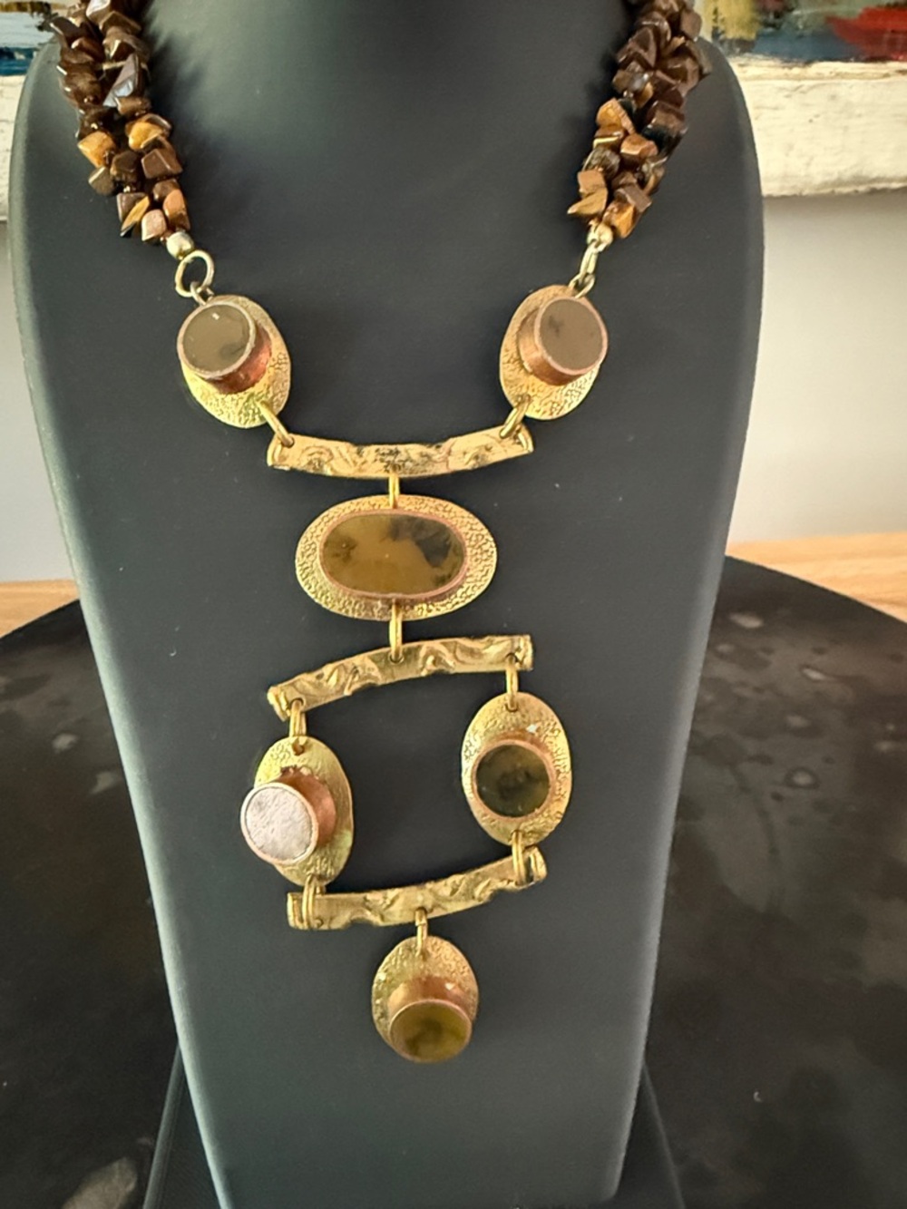 Artisan 1970s Tiger Eye & Brass Hammered Beaded Statement Pendant Necklace